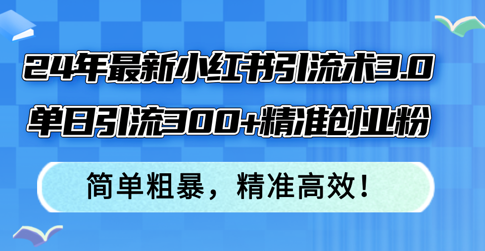 24年最新小红书引流术3.0，单日引流300+精准创业粉，简单粗暴，精准高效！-云网创
