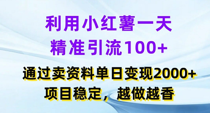 利用小红书一天精准引流100+，通过卖项目单日变现2k+，项目稳定，越做越香【揭秘】-云网创