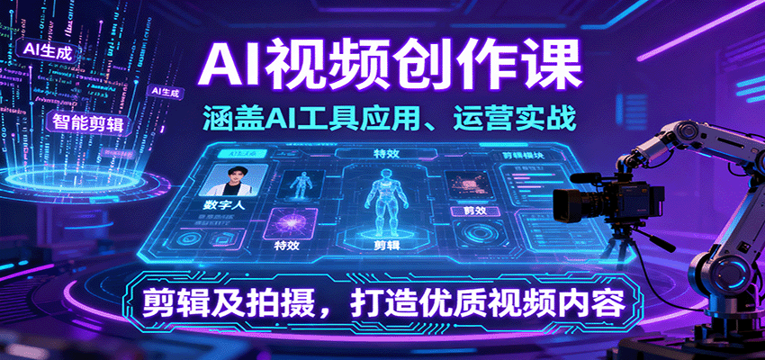 AI视频创作课，涵盖AI工具应用、运营实战、剪辑及拍摄，打造优质视频内容-云网创