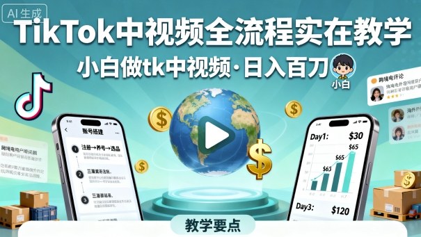 TikTok中视频全流程实操教学,小白做tk中视频,日入百刀