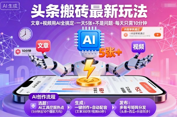 头条搬砖最新玩法，文章+视频用AI全搞定，一天5张+不是问题，每天只需10分钟-云网创