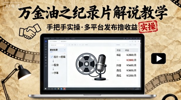 万金油之纪录片解说教学，手把手教你，完全实操，多平台发布撸收益-云网创