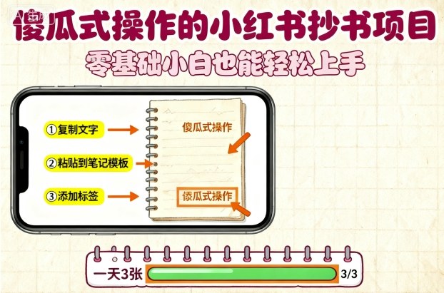傻瓜式操作的小红书抄书项目,会复制粘贴就行,零基础小白也能一天3张