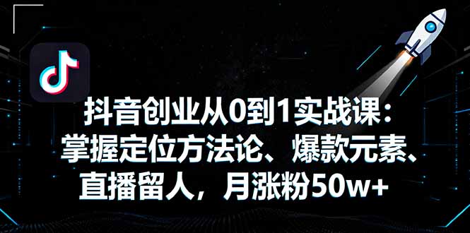 抖音创业从0到1实战课：掌握定位方法论、爆款元素、直播留人，月涨粉50w+-云网创