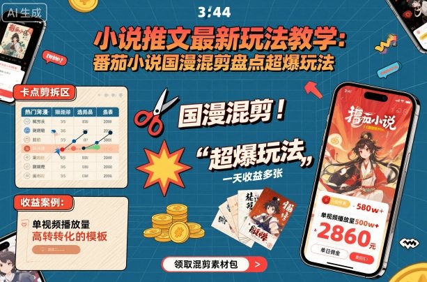 小说推文最新玩法教学，番茄小说国漫混剪盘点超爆玩法，全程干货，一天收益多张-云网创