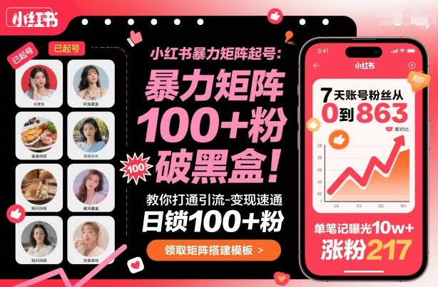 小红书暴力矩阵起号，教你打通引流-变现速通，日锁100+粉，破流量黑盒-云网创