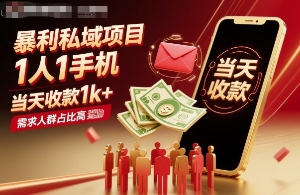 暴利私域项目1人1手机，当天收款1k+，需求人群占比高，当天就能见到钱-云网创