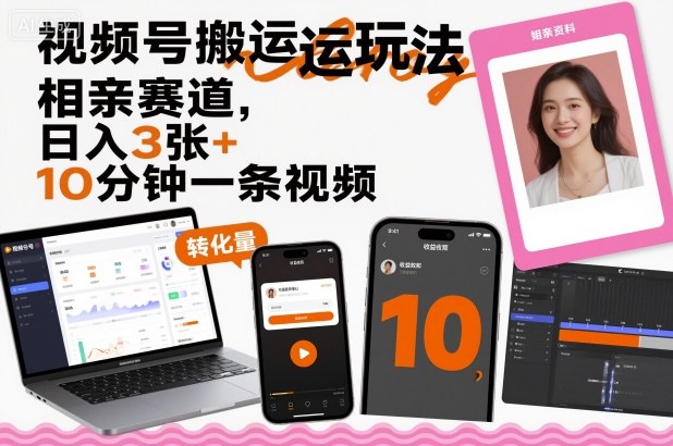 视频号搬运玩法，相亲赛道，日入3张+，10分钟一条视频-云网创