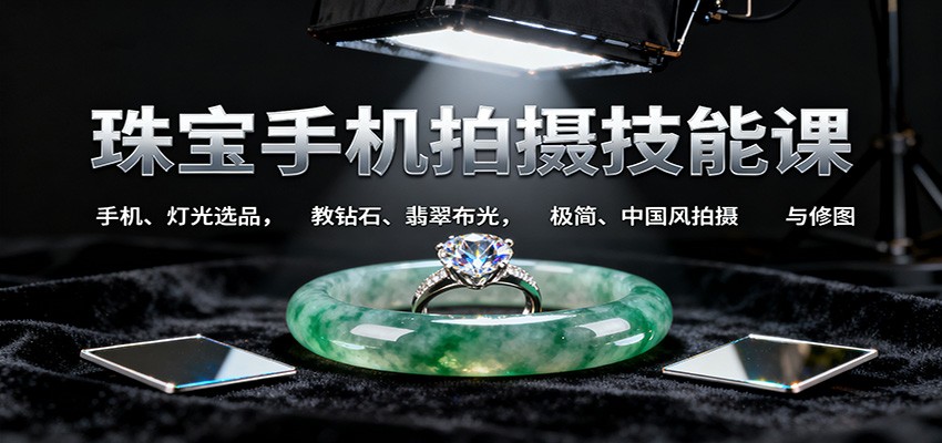 珠宝手机拍摄技能课:手机、 灯光选品，教钻石、翡翠布光，极简、中国风拍摄与修图-云网创