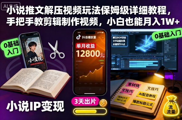 小说推文解压视频玩法保姆级详细教程，手把手教剪辑制作视频，小白也能月入1W+-云网创