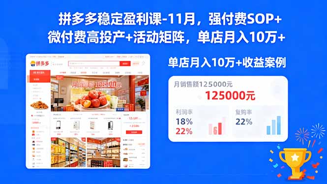 拼多多稳定盈利课-11月，强付费SOP+微付费高投产+活动矩阵，单店月入10万+-云网创