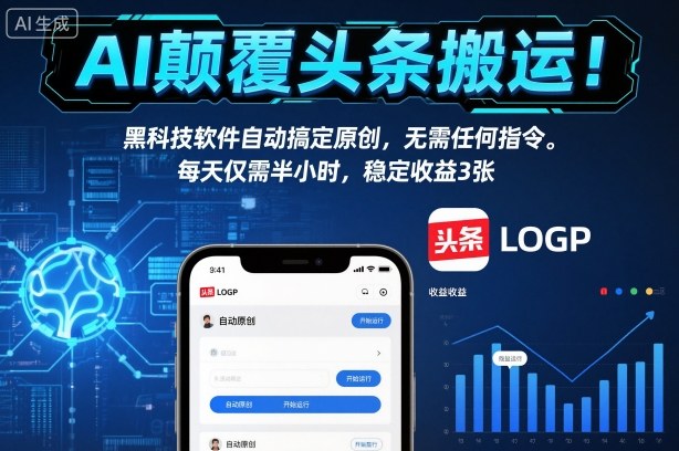 AI颠覆头条搬运！黑科技软件自动搞定原创，无需任何指令。每天仅需半小时，稳定收益3张【揭秘】-云网创