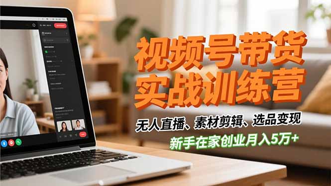 视频号带货实战训练营，无人直播、素材剪辑、选品变现，新手在家创业月入5万+-云网创