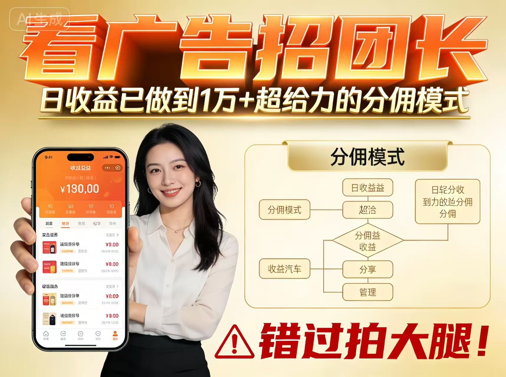 看广告招团长，团队收益已做到日入1万，分佣模式超给力，错过拍大腿-云网创