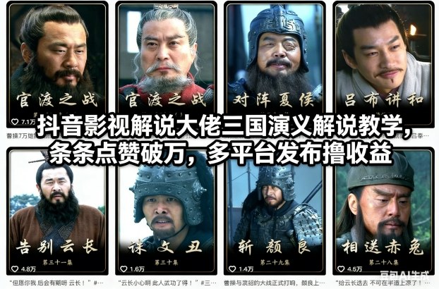 抖音影视解说大佬三国演义解说教学，条条点赞破万，多平台发布撸收益-云网创