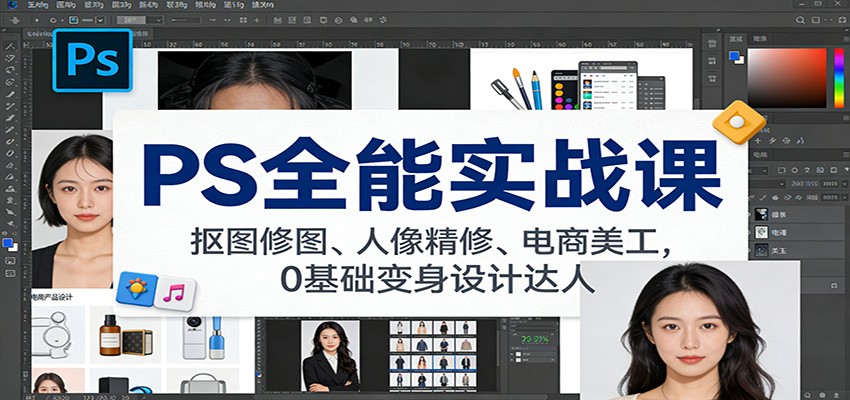 PS全能实战课：抠图修图、人像精修、电商美工，0基础变身设计达人-云网创