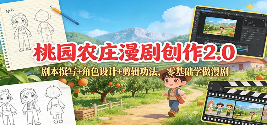 桃园农庄漫剧创作2.0：剧本撰写+角色设计+剪辑功法，零基础学做漫剧-云网创