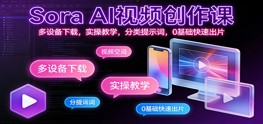Sora AI视频创作课：多设备下载，实操教学，分类提示词，0基础快速出片-云网创