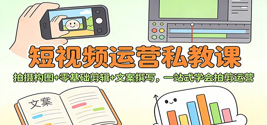 短视频运营私教课：拍摄构图+零基础剪辑 +文案撰写，一站式学会拍剪运营-云网创