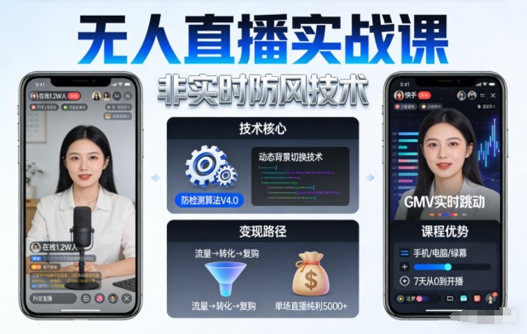 宝子哥无人直播实战课,非实时防风技术,聚焦抖音快手等平台直播带货,轻松开启直播变现之路(更新2026)