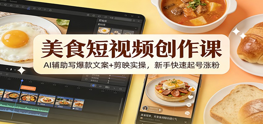 美食短视频创作课：AI辅助写爆款文案+剪映实操，新手快速起号涨粉-云网创