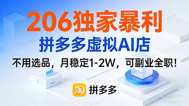 206独家暴利，拼多多虚拟AI店，不用选品，月稳定1-2W，可副业全职！-云网创