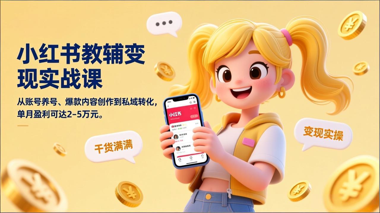 小红书教辅变现实战课，从账号养号、爆款内容创作到私域转化，单月盈利可达2-5万元-云网创