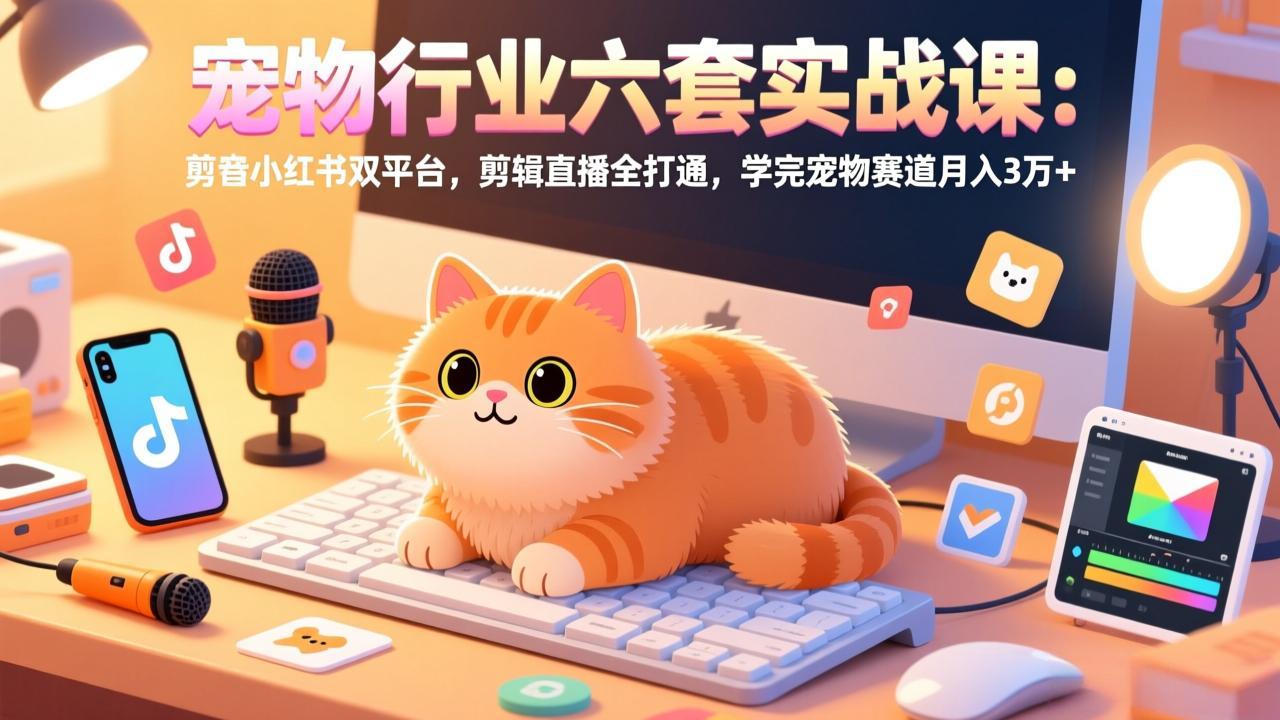 宠物行业六套实战课：抖音小红书双平台，剪辑直播全打通，学完宠物赛道月入3万+-云网创