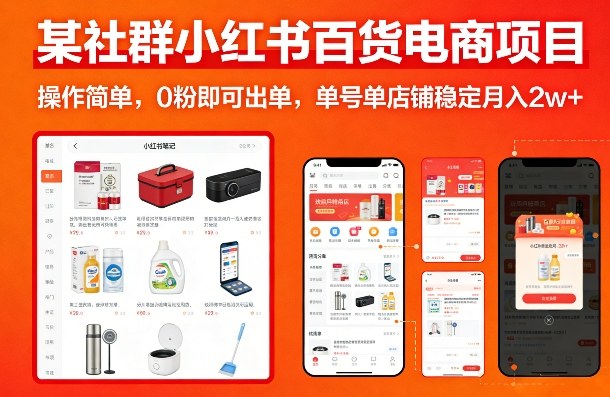 某社群小红书百货电商项目，操作简单，0粉即可出单，单号单店铺稳定月入2w+-云网创