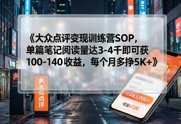 大众点评变现训练营SOP,单篇笔记阅读量达3-4千即可获100-140收益,每个月多挣5K+