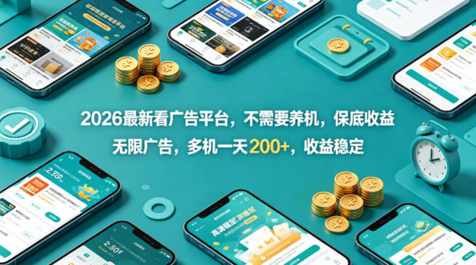 2026最新看广告平台,不需要养机,保底收益,无限广告,多机一天200+,收益稳定【揭秘】