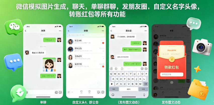 微信模拟图片生成，聊天，单聊群聊，发朋友圈，自定义名字头像，转账红包等所有功能都可以生成-云网创