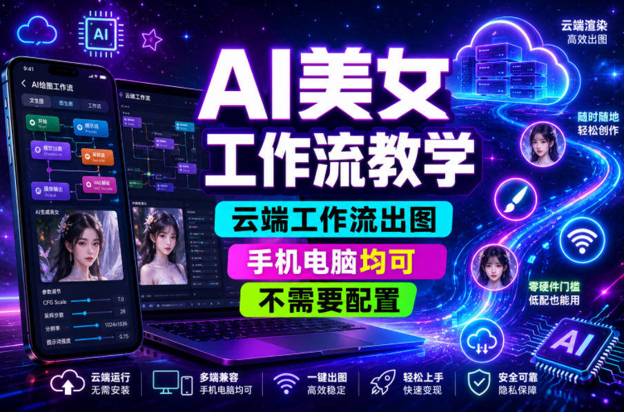 AI美女工作流教学，云端工作流出图，手机电脑均可，不需要配置，快速起号涨粉-云网创