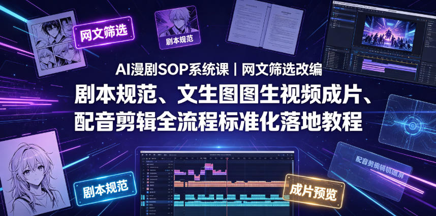 AI漫剧SOP系统课｜网文筛选改编、剧本规范、文生图图生视频成片、配音剪辑全流程标准化落地教程-云网创