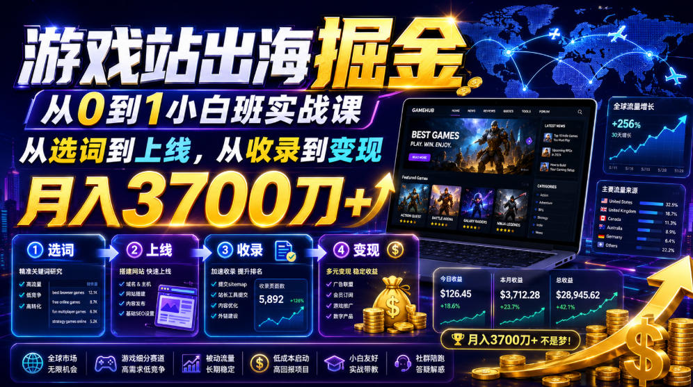 游戏站出海掘金从0到1小白实战课，从选词到上线，从收录到变现，月入3700刀+-云网创