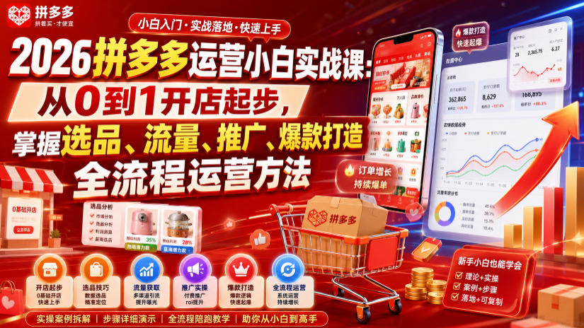 2026拼多多运营小白实战课：从0到1开店起步，掌握选品、流量、推广、爆款打造全流程运营方法-云网创