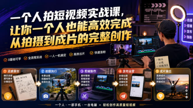 一个人拍短视频实战课，让你一个人也能高效完成从拍摄到成片的完整创作-云网创