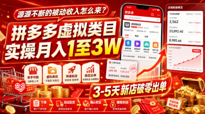 源源不断的被动收入怎么来？拼多多虚拟类目实操月入1至3W，3-5天新店破零出单-云网创