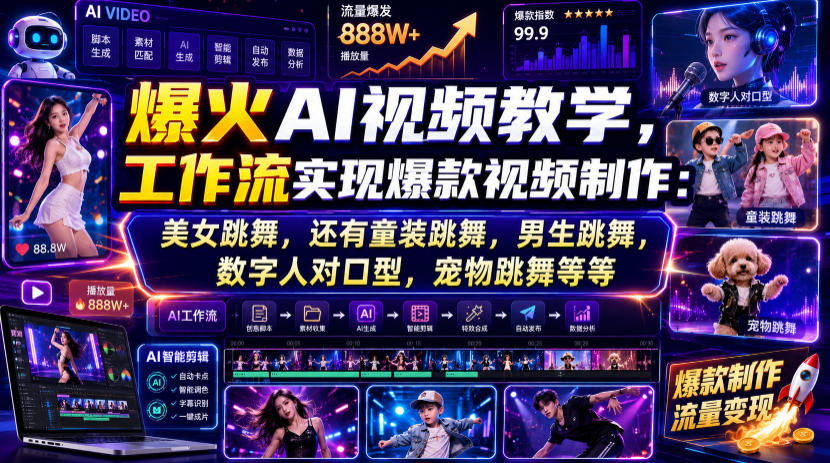 爆火AI视频教学，工作流实现爆款视频制作：美女跳舞，还有童装跳舞，男生跳舞，数字人对口型，宠物跳舞等等-云网创
