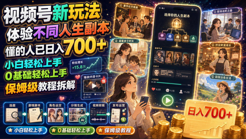 视频号新玩法体验不同人生副本，懂的人已日入700+，小白轻松上手，0基础轻松上手，保姆级教程拆解-云网创