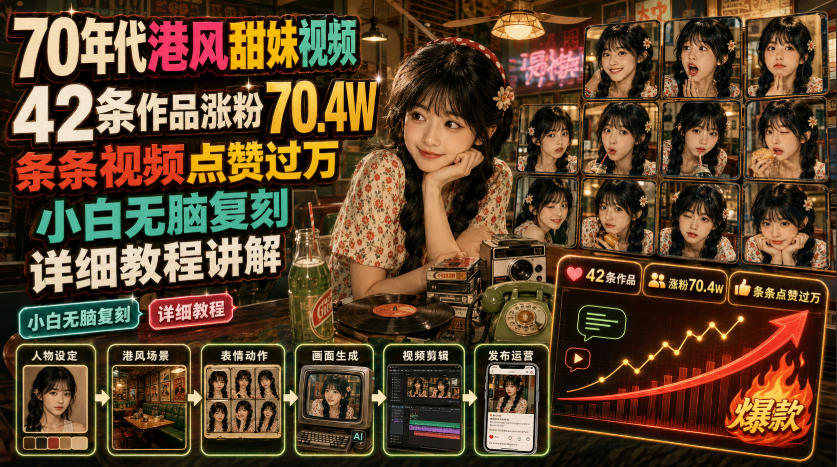 70年代港风甜妹视频，42条作品涨粉70.4W，条条视频点赞过万，小白无脑复刻，详细教程讲解-云网创