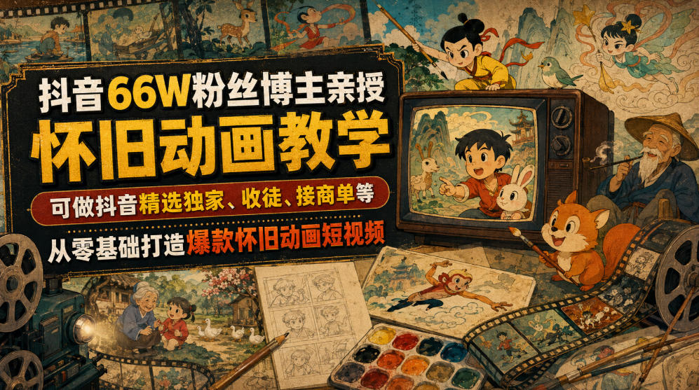 抖音66W粉丝博主亲授怀旧动画教学，可做抖音精选独家、收徒、接商单等，从零基础打造爆款怀旧动画短视频-云网创