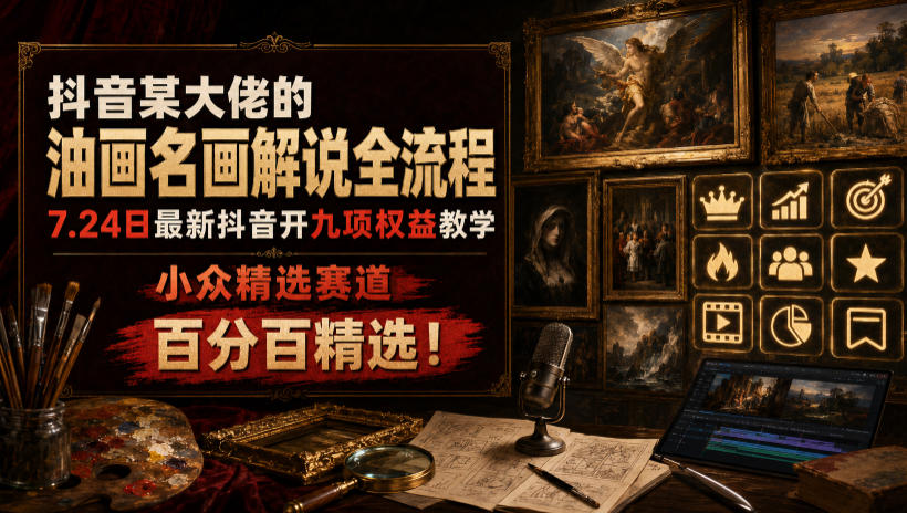 抖音某大佬的油画名画解说全流程，7.24日最新抖音开九项权益教学，小众精选赛道，百分百精选！-云网创