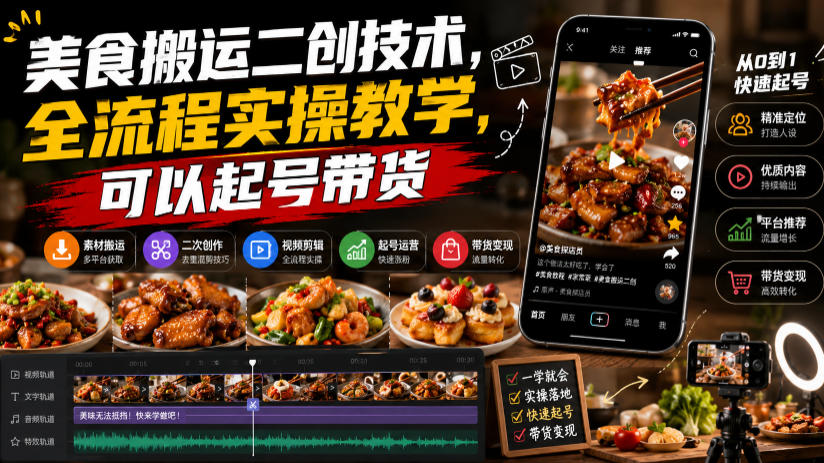 美食搬运二创技术，全流程实操教学，可以起号带货-云网创
