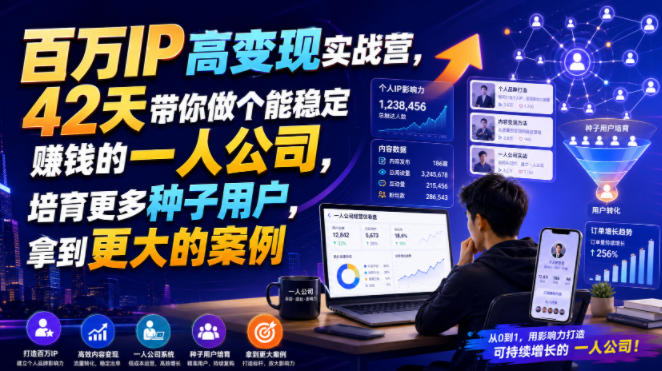 百万IP高变现实战营，42天带你做个能稳定賺钱的一人公司，培育更多种子用户，拿到更大的案例-云网创