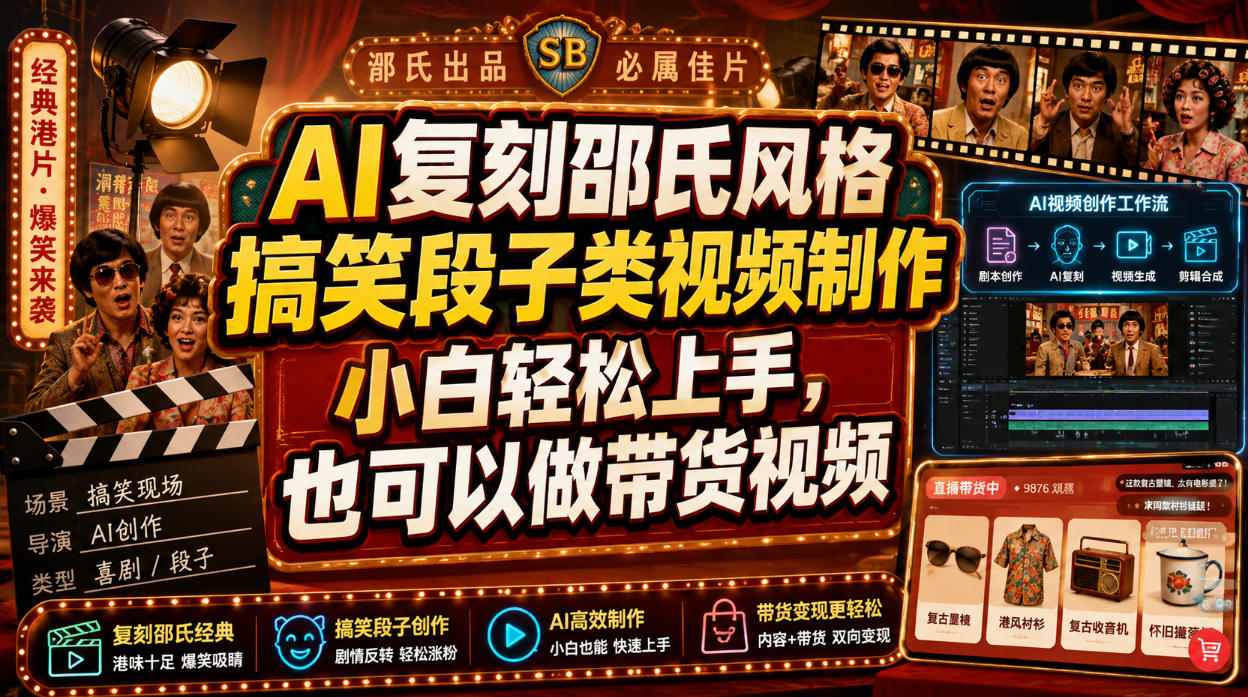 AI复刻邵氏风格搞笑段子类视频制作，小白轻松上手，也可以做带货视频-云网创