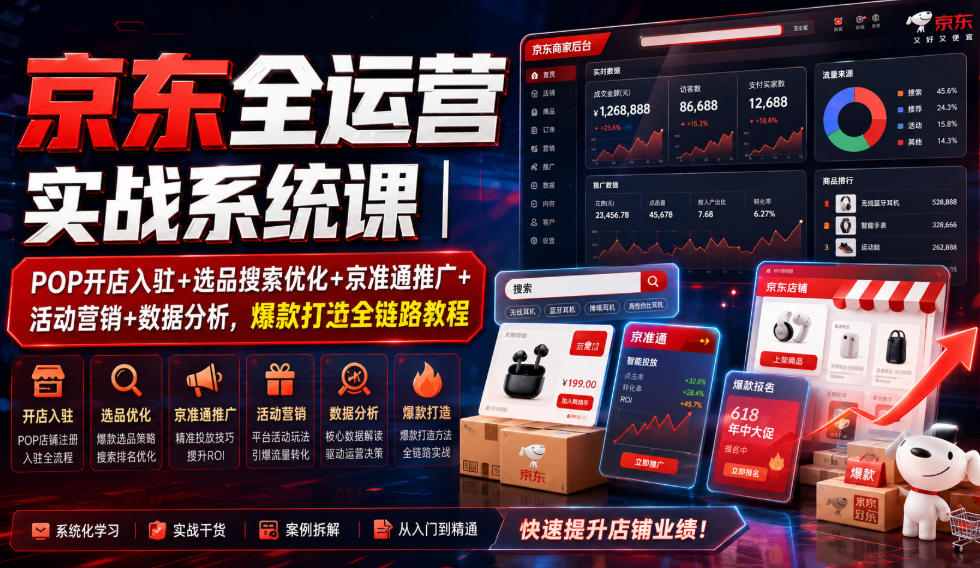 京东全运营实战系统课｜POP开店入驻+选品搜索优化+京准通推广+活动营销+数据分析，爆款打造全链路教程-云网创
