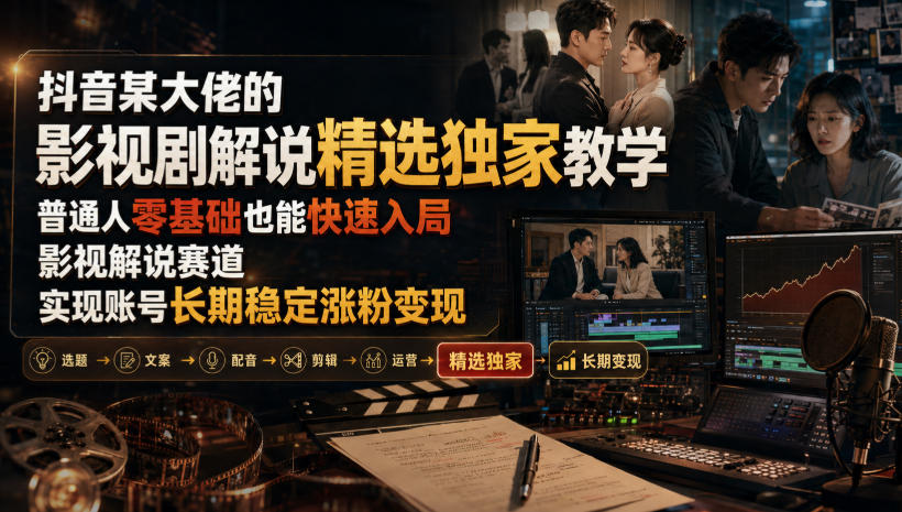 抖音某大佬的影视剧解说精选独家教学，普通人零基础也能快速入局影视解说赛道，实现账号长期稳定变现-云网创