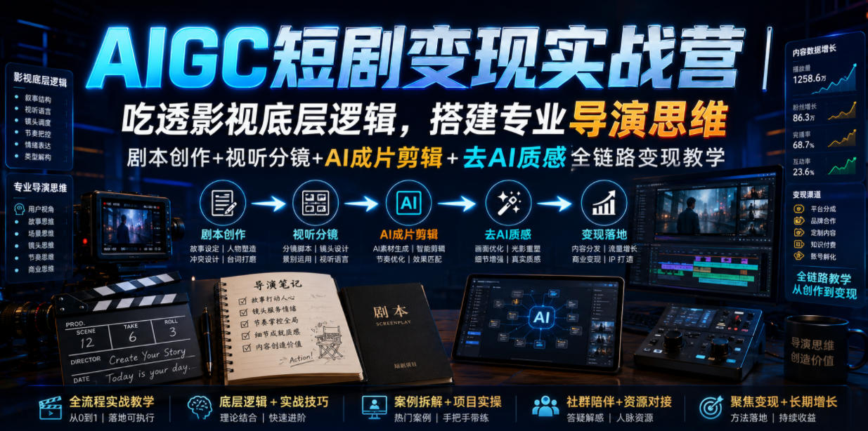 AIGC短剧变现实战营｜吃透影视底层逻辑，搭建专业导演思维，剧本创作+视听分镜+AI成片剪辑+去AI质感全链路变现教学-云网创