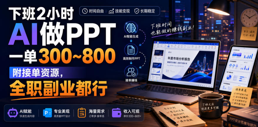 下班2小时AI做PPT，一单300~800，附接单资源，全职副业都行【揭秘】-云网创